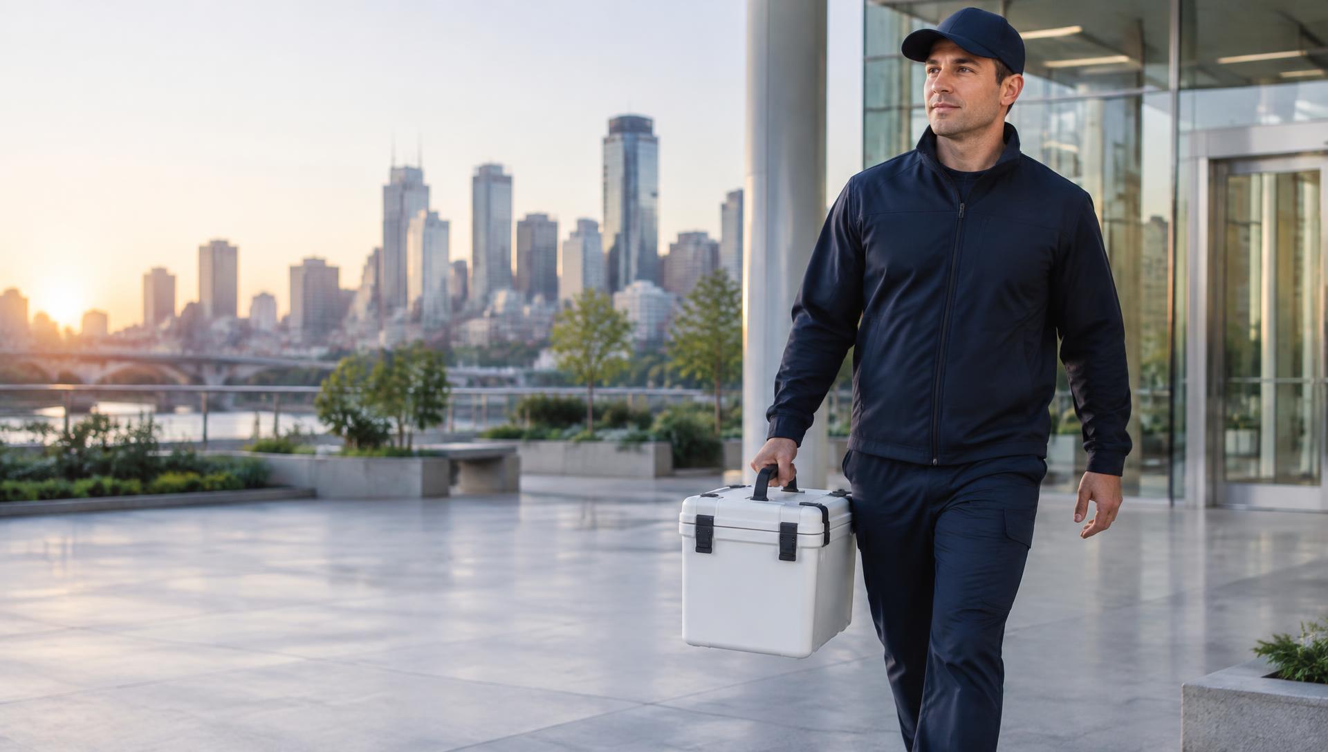 ClearPath courier carrying a sealed medical transport case